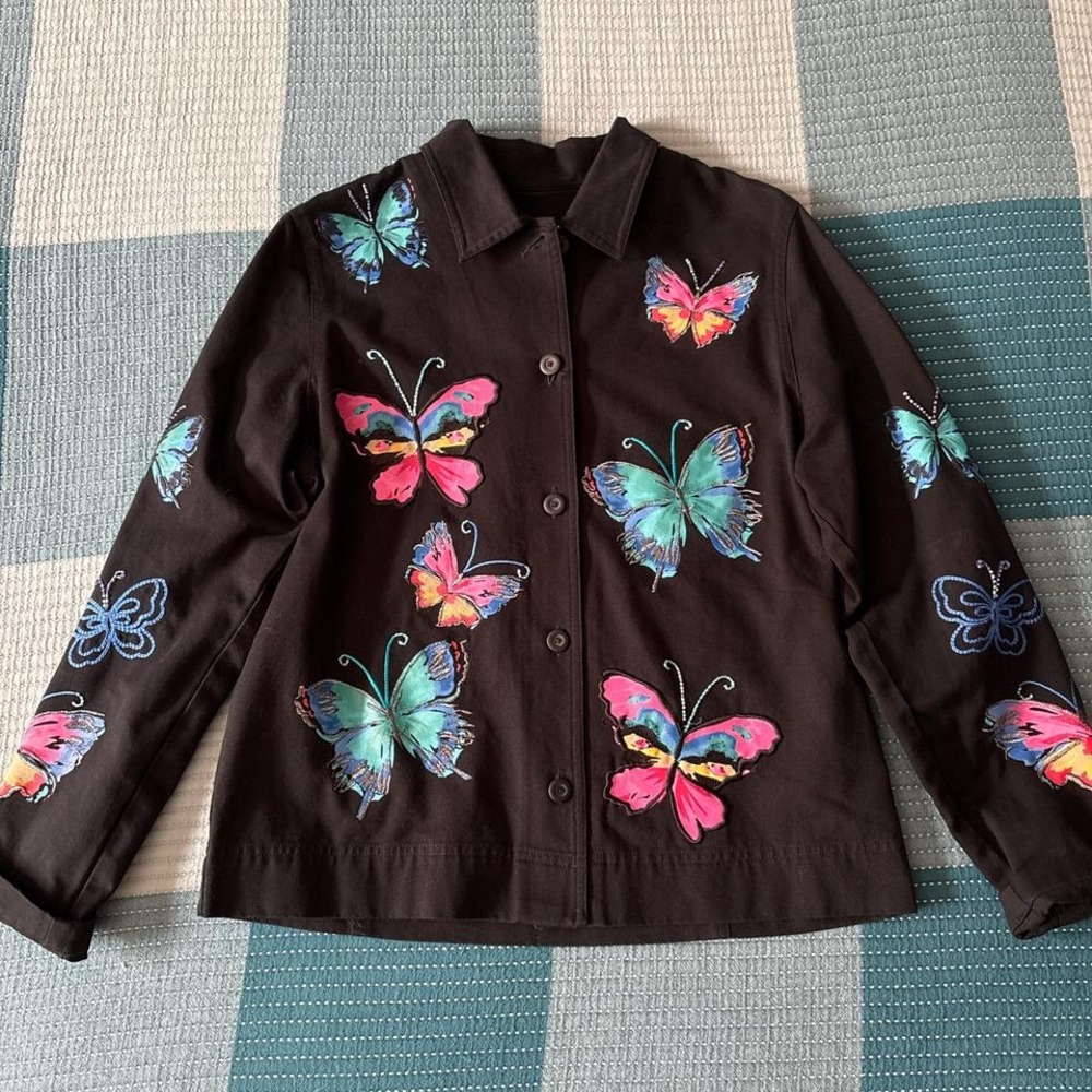 Black button-up jacket with bold embroidered + beaded butterfly designs